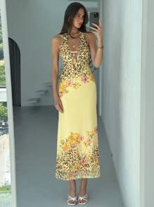 Aloruh Sheer Floral Backless Sexy Light Yellow Dress - Yellow - View 2