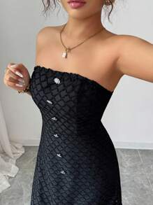 Elenzga Women Black Bandeau Ruched A-Line Plaid Elegant Romantic Midi Dress - Black - View 6