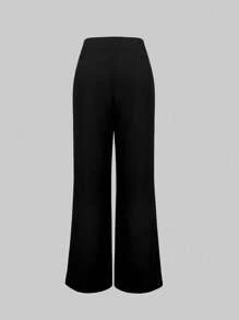 Women's Solid Color Pocket Design Loose Casual Long Pants, Daily Wear - Black - View 4
