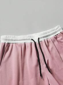 Claim Dot Bộ đồ nam gồm áo thun có mũ tay ngắn màu tương phản, có dây rút và quần short có dây rút ở eo, bộ đồ hoodie nam thường ngày hai mảnh dành cho nam - Hồng - Xem 5