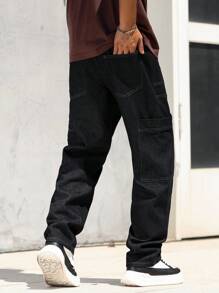 Manfinity Homme Quần Jeans Denim Ống Rộng Phong Cách Đường Phố Đơn Giản Tối Giản Túi Nam Quần Jeans Rộng Baggy Thời Trang Đường Phố - Rửa tối - Xem 2