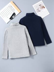 SHEIN 2pcs Letter Patched Detail Turtleneck Ribbed Tee - Multicolor - View 2