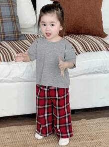 Dazy Kids 2pcs Toddler Girls' Casual Round Neck T-Shirt And Plaid Pants Set, Home Wear - Dark Grey - View 1