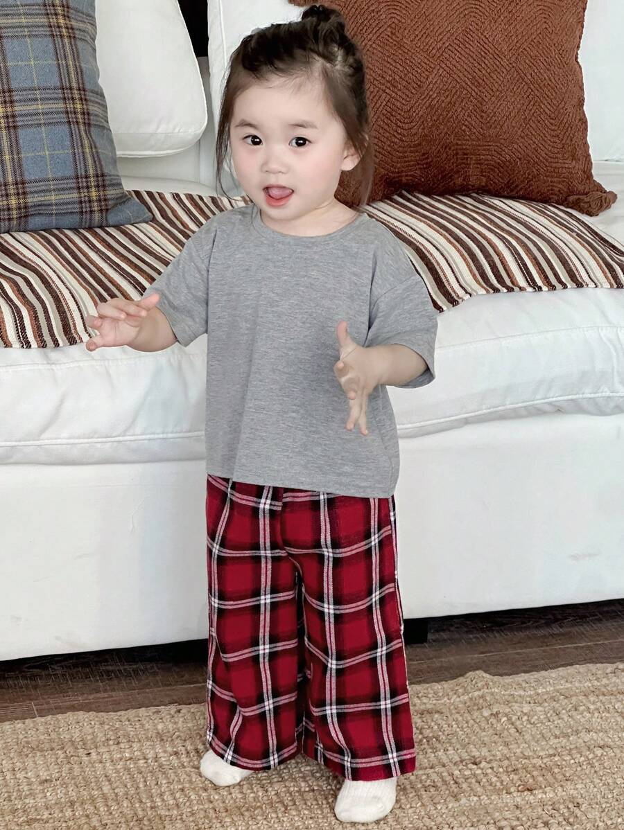Dazy Kids 2pcs Toddler Girls' Casual Round Neck T-Shirt And Plaid Pants Set, Home Wear - Dark Grey - View 1