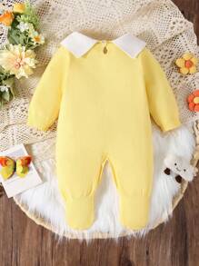 SHEIN Bộ đồ liền thân dài tay cổ lọ dệt kim cho bé gái, bộ đồ liền thân không chân, ấm áp và thoải mái, thiết kế nơ thanh lịch, phù hợp cho mùa thu/đông, màu vàng/vàng nhạt, đa năng cho hàng ngày, trong nhà, ngoài trời và du lịch - Màu vàng - Xem 2