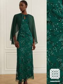 Zanirela Elegante vestido largo de gasa georgette bordado con cuentas de diseño por capas con cintura fruncida, estilo francés de lujo y elegancia para fiestas formales - Verde - Ver 1