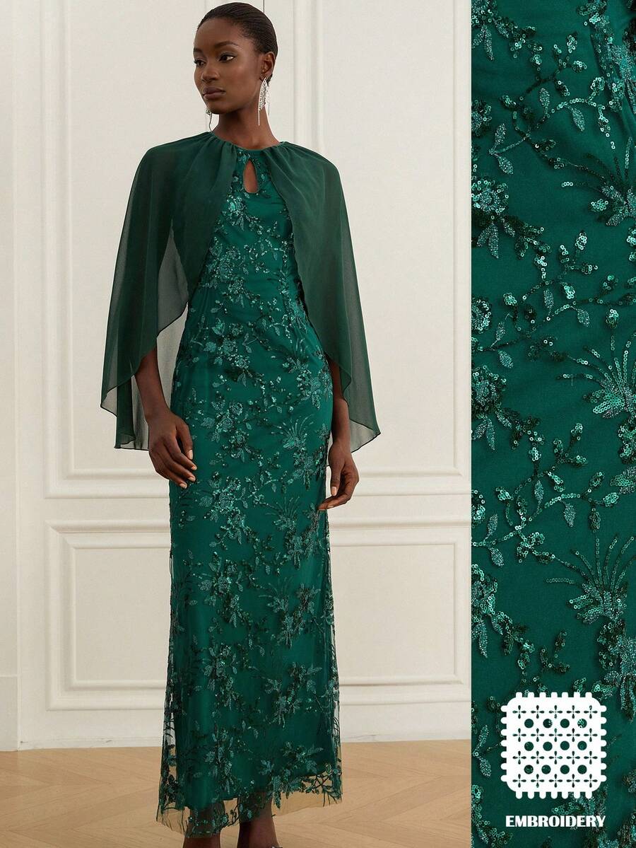 Zanirela Elegante vestido largo de gasa georgette bordado con cuentas de diseño por capas con cintura fruncida, estilo francés de lujo y elegancia para fiestas formales - Verde - Ver 1