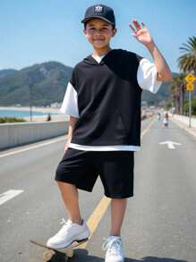 Tween Boys 2 In 1 Color Block Hooded T-Shirt And Shorts Black And White Summer Casual City Break Kids Outfits Toddler Boy Back To School Set,Spring - Black - View 4