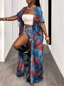 BamGleam Fringe Texture Exaggerated Fashion Coat - Blue - View 3