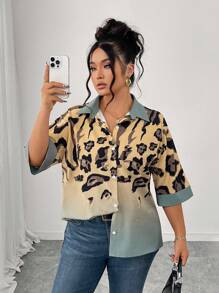 Elenzga 大码女式豹纹短袖前开休闲衬衫，春夏