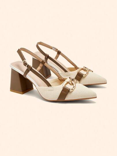 CUCCOO BASICS Women's Chic Mix Fabric Back Strap Chunky Heel Pointed Toe PU Leather Commute Slingback Pumps, Suitable For Dating, Party, Vacation For Christmas