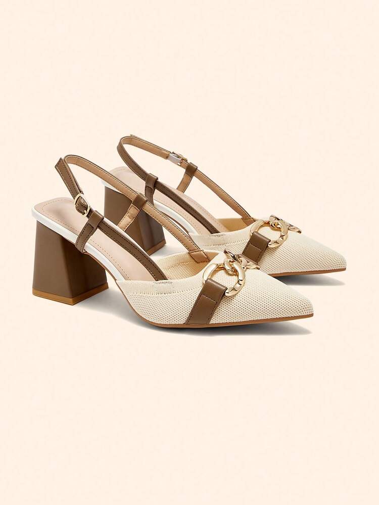 CUCCOO BASICS Women's Chic Mix Fabric Back Strap Chunky Heel Pointed Toe PU Leather Commute Slingback Pumps, Suitable For Dating, Party, Vacation For Christmas Spring Shoes