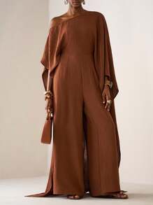 Zivah 2025 Fall/Winter Asymmetrical Neck Long Jumpsuit, Textured Fabric, Casual Wear For Music Festival, Graduation, Daily, Beach, Commute, Brown Color Brown Jumpsuit Wide Leg Jumpsuit Lantern Sleeve Jumpsuit Rust Brown Jumpsuit Earthy Jumpsuit - Brown - View 1