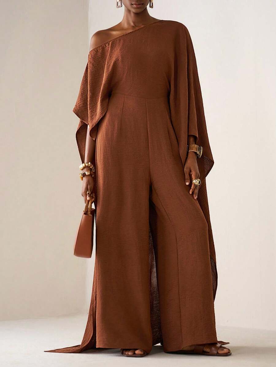 Zivah 2025 Fall/Winter Asymmetrical Neck Long Jumpsuit, Textured Fabric, Casual Wear For Music Festival, Graduation, Daily, Beach, Commute, Brown Color Brown Jumpsuit Wide Leg Jumpsuit Lantern Sleeve Jumpsuit Rust Brown Jumpsuit Earthy Jumpsuit - Brown - View 1