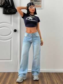 EURMUSE 休闲水洗低腰直筒牛仔裤 - 中等水洗藍 - 查看 5