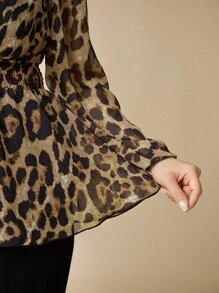 Flouryn Blusa de mujer de talla grande de estilo casual y sexy con cuello en V, mangas largas, cintura entallada y estampado de leopardo en gasa