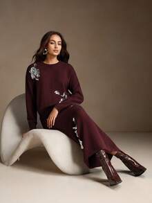 Anewsta Bộ 2 chiếc váy len dệt kim cổ điển đính sequin thanh lịch dành cho nữ - Màu Đỏ Sâu - Xem 1