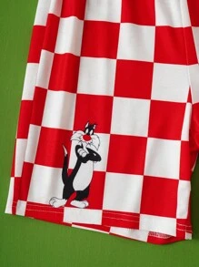 LOONEY TUNES X SHEIN 青少年男孩卡通猫咪图案短袖T恤和棋盘格印花短裤休闲两件套 - 彩色 - 查看 5