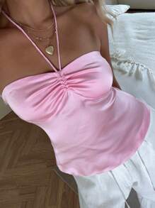 SHEIN EZwear Women's Satin Ruched Bust Halter Neck Top, Pink Top Women