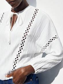 Maija 2025 Modern Elegant Notched Collar Bow-Tie Design Drop Shoulder Long Sleeve Oversized Women's Textured Shirt, Suitable For Early Autumn Back To School Season,4th Of July Women,Country Concert,Vintage,Teacher,Butter Yellow Top,Party,Cut-Out,Splicing/Panel/Patchwork Eyelet Blouse Eyelet Top Women Summer White Hollow Out Blouse - White - View 1