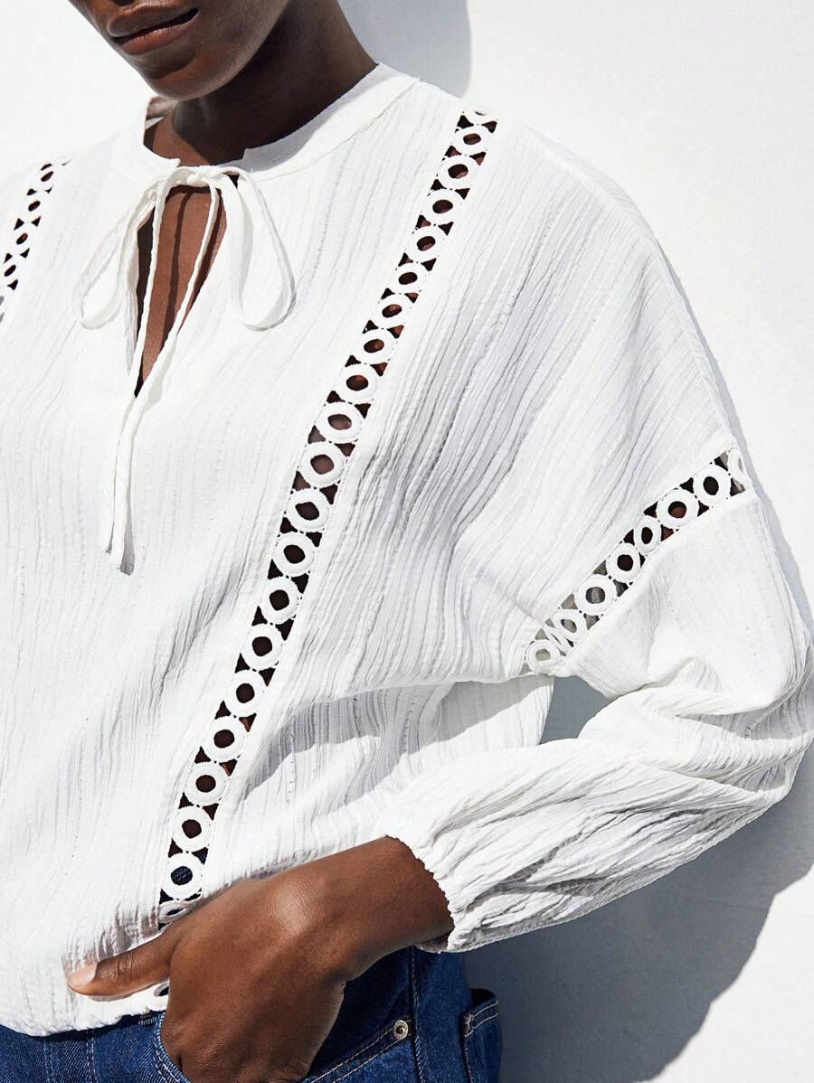 Maija 2025 Modern Elegant Notched Collar Bow-Tie Design Drop Shoulder Long Sleeve Oversized Women's Textured Shirt, Suitable For Early Autumn Back To School Season,4th Of July Women,Country Concert,Vintage,Teacher,Butter Yellow Top,Party,Cut-Out,Splicing/Panel/Patchwork Eyelet Blouse Eyelet Top Women Summer White Hollow Out Blouse - White - View 1