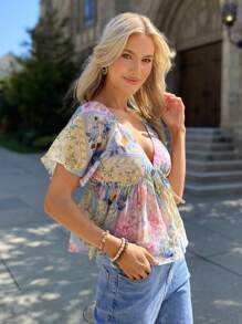 SHEIN LUNE 7 月 4 日蕾丝上衣女式花卉印花系带休闲短袖衬衫，度假风格