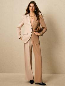 Poéselle 卡其色西装，秋季女装，方领，拼色长裙，双色礼服，优雅秋季，静谧奢华时尚，长袖晚礼服，简约婚礼宾客，女士时尚日常休闲通勤拼色长袖西装外套 - 卡其色 - 查看 2