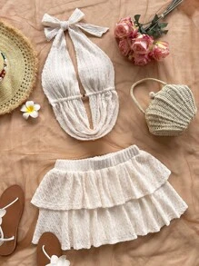 Soleia 女士 V 领镂空露背背心和纹理迷你裙两件套，适合度假、约会、下午茶、节日、音乐节、波西米亚风 - 杏色 - 查看 3