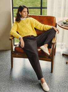 Briarwyn 女士休闲纯色梭织褶皱修身裤，不含腰带，秋季女士装，冬季女士装，返校装，教师女士装，复古女士装，老钱风格 - 巧克力棕 - 查看 2