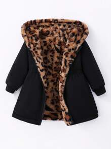 SHEIN Playful Pals 女婴幼儿新生儿 0-3 岁保暖双面连帽仿皮草法兰绒豹纹和纯黑色中长款夹克，秋冬