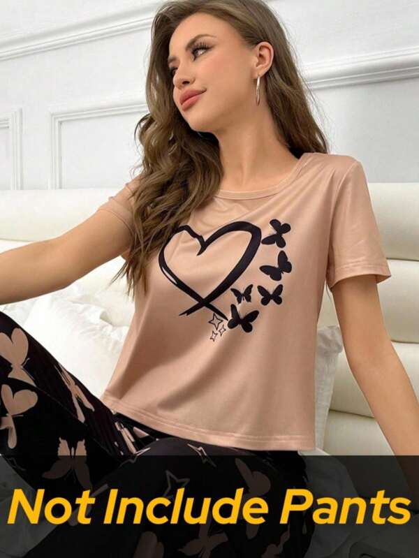 SHEIN 1 buc. Top de pijama cu mânecă scurtă pentru femei, cu imprimeu de fluturi și inimă