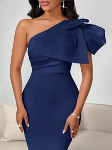 SHEIN Lady Elegant Navy Blue Summer Dress For Women,Holiday Wedding Guest Dress,Oblique Shoulder Large Bow Slim-Fit Party Prom Birthday Valentine's Day Outfits - Navy Blue - View 7