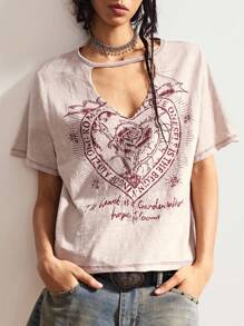 Bohemela Autumn/Winter Boho Independence Day Vintage Casual Solid Color Knit Short Sleeve Loose Washed Women Graphic T-Shirt - Pink - View 5