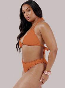 MUSERA Plus Frill Trim Bikini Bottom Swim, Holiday, Sexy, Cute - Orange - View 4