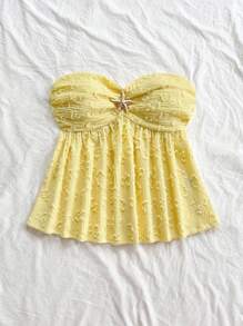 Soleia 女士度假梭织淡黄色激光切割纹理抹胸上衣，带有褶饰紧身胸衣、海星纽扣装饰、褶皱后背、A 字腰部细节、修身版型，非常适合派对、约会、海滩、夏季 - 黃色 - 查看 3