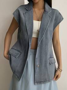 Livesso 女士牛仔翻领宽松休闲背心 - 藍色 - 查看 7