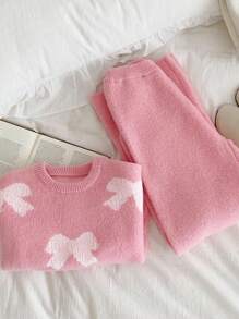 SHEIN Vintaside Kids 时尚百搭休闲可爱粉色少女圆领毛衣和直筒裤套装 - 粉色 - 查看 3