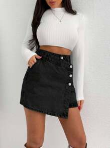 EURMUSE WOMEN MINI SKIRT MEDIUM WASH BUTTON DETAIL - Black - View 3