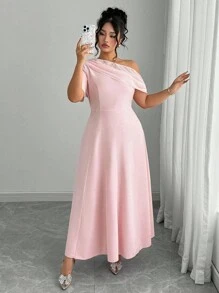 Elenzga Plus Size Women Solid Color Chiffon Splice Cold Shoulder Oblique Neck Waisted Split Design Maxi Dress, High-End Elegant Romantic - Pink - View 3