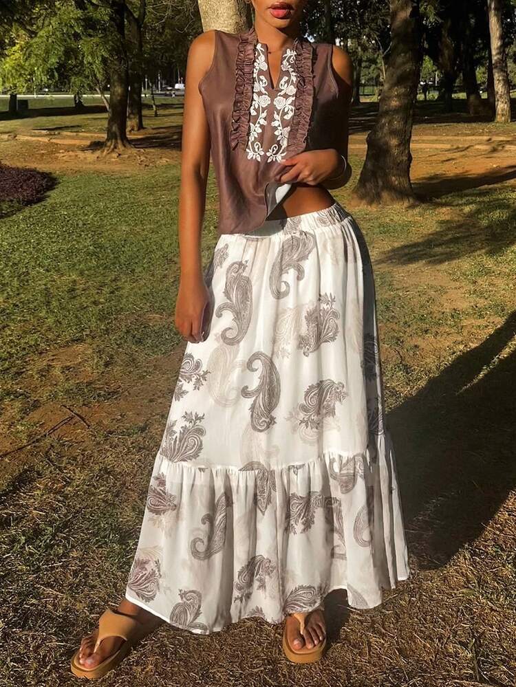 Vintage Inspired Ditsy Floral High Waist Slimming Chiffon A-Line Skirt For Women, Fashion Elegant Spring/Summer Vacation