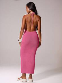 MUSERA 吊带露背钩针针织修身连衣裙，适合伊比沙岛度假、春夏节日、海滩穿着，浪漫优雅，生日派对罩衫，时尚别致 - 粉色 - 查看 3