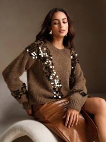 Anewsta Áo len cổ tròn thêu sequin thời trang cao cấp kiểu Pháp cổ điển, thu/đông - Màu nâu  Mocha - Xem 7