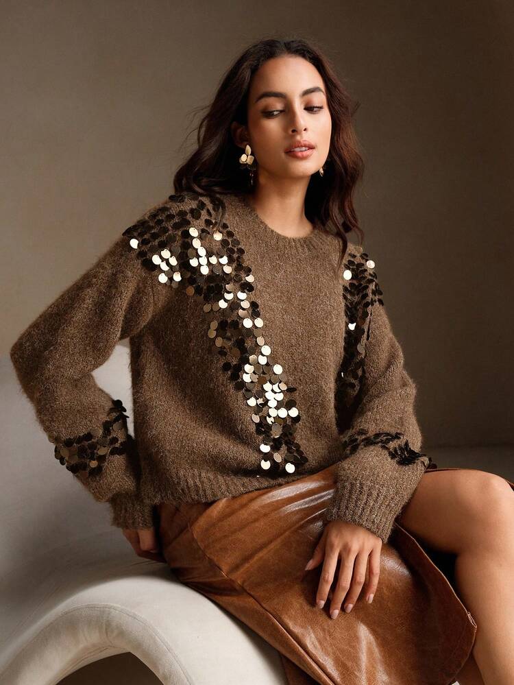 French Vintage High-Fashion Casual Sequin Embroidery Crew Neck Sweater, Autumn/Winter