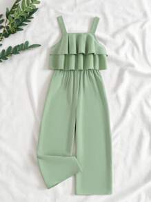 SHEIN Vintaside Kids Tween Girl Solid Color Ruffle Detail Belted Jumpsuit With Straight Leg Summer Holiday - Green - View 9