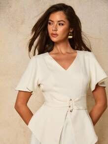 COSMINA Ropa de mujer de otoño, blusa elegante de mujer con cuello en V y botones metálicos en la cintura, para uso diario en las cuatro estaciones, blusas para salir, casual de negocios para mujer