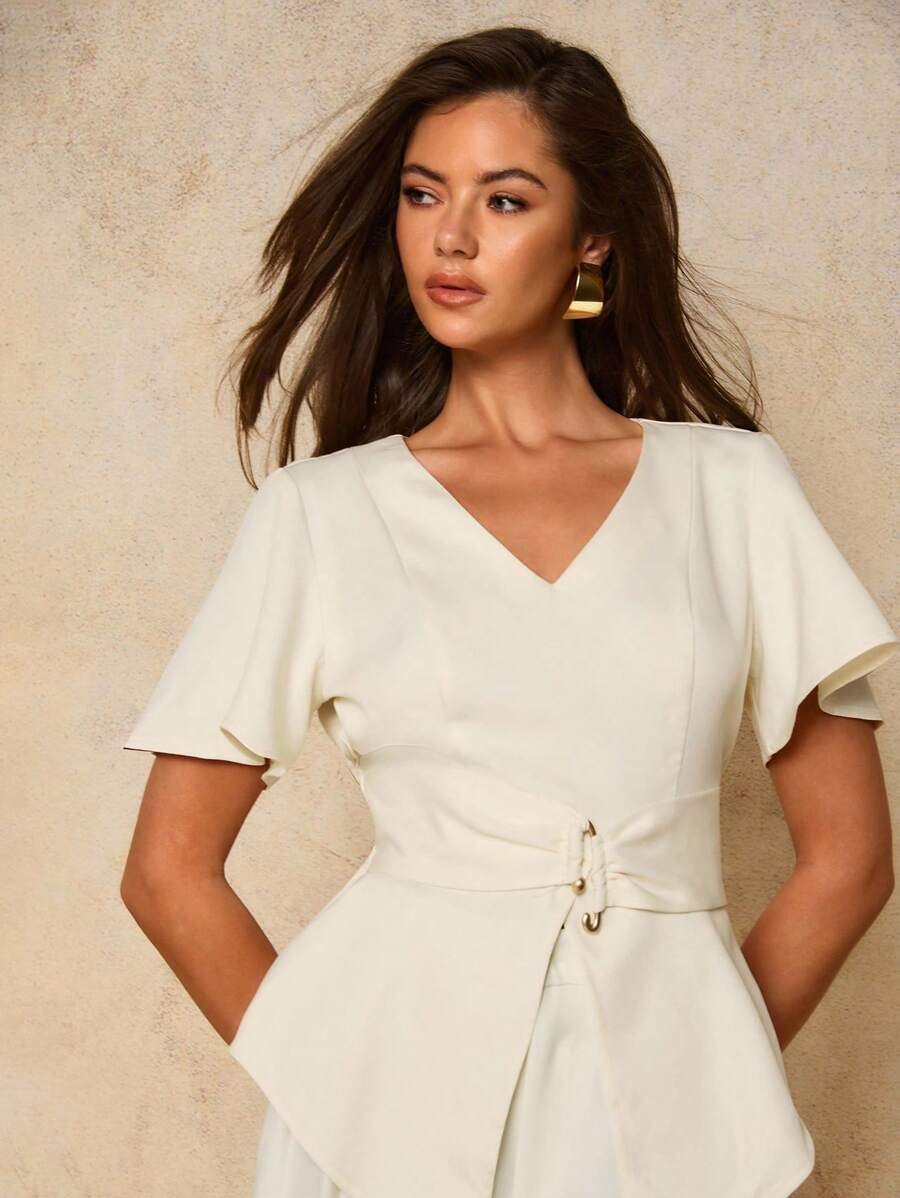 COSMINA Ropa de mujer de otoño, blusa elegante de mujer con cuello en V y botones metálicos en la cintura, para uso diario en las cuatro estaciones, blusas para salir, casual de negocios para mujer