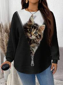 EMERY ROSE 女士加大码百搭华夫格针织图案连帽衫，饰有可爱抽象猫咪和音乐节图案，适合初秋过渡 - 彩色 - 查看 2