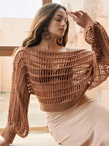 Anewsta Áo len đan móc dài tay hở vai kiểu Milleraie màu mới dành cho nữ - Cà phê nâu - Xem 5