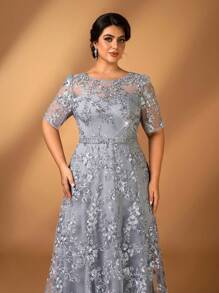 Serin Váy sang trọng cho mẹ, cổ tròn, bán trong suốt, thêu hoa thủ công, viền bèo nhún, thanh lịch, lãng mạn - Màu xám đen - Xem 5