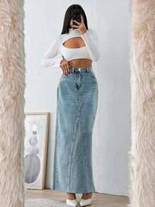 SHEIN Cottnline High Waist Back Slit Denim Skirt Stylish Casual - Medium Wash - View 1
